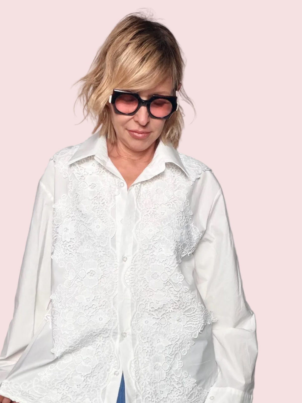 Camicia Bianca con Inserti in Pizzo Macramé