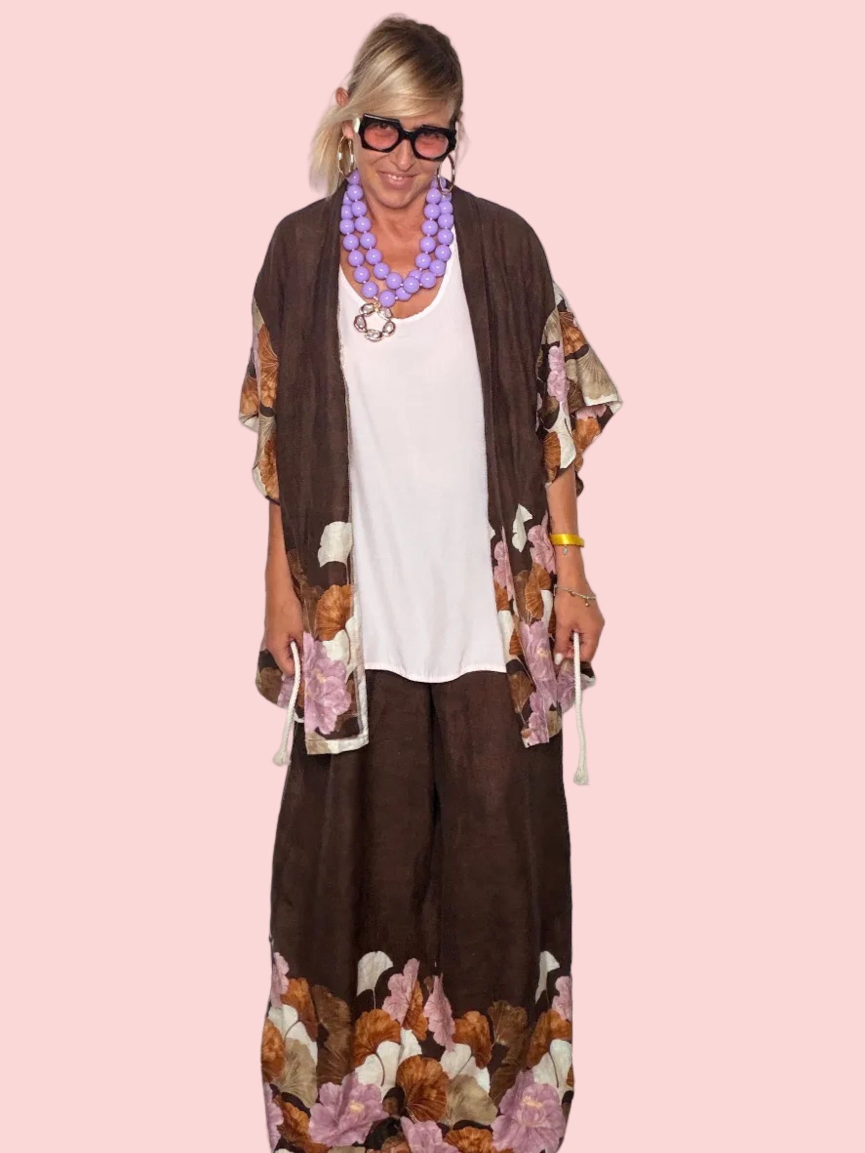 Pantalone Palazzo in Lino con Bordo Floreale