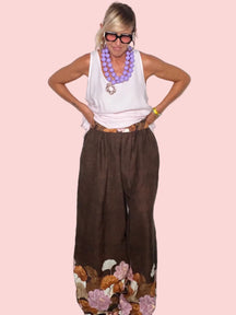Pantalone Palazzo in Lino con Bordo Floreale