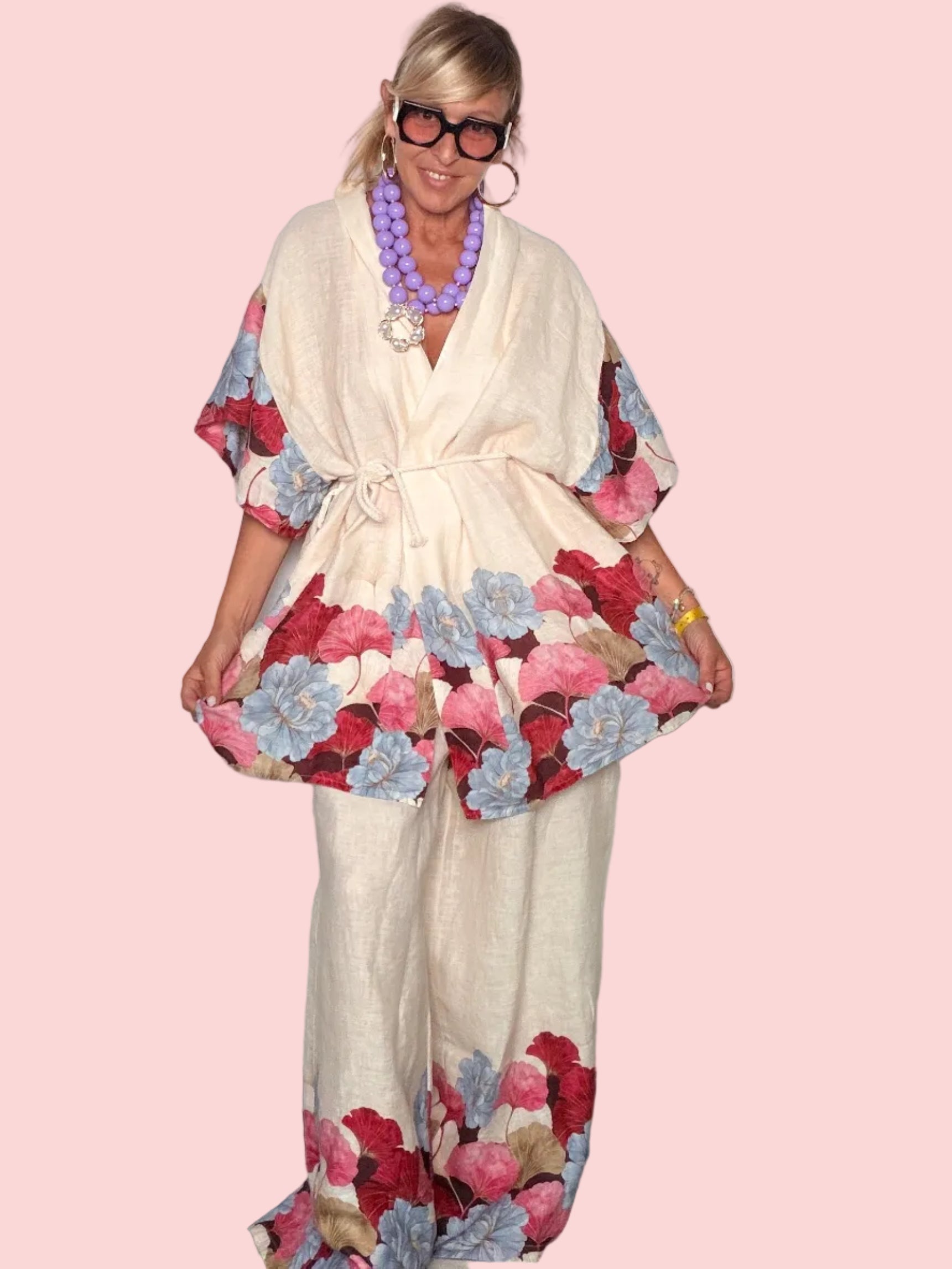 Kimono Lino Stampa Floreale Ibisco