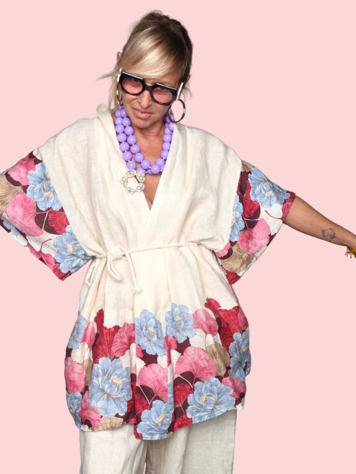 Kimono Lino Stampa Floreale Ibisco