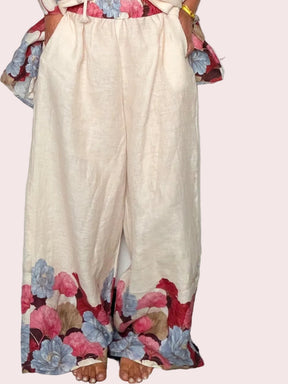 Pantalone Palazzo in Lino con Bordo Floreale