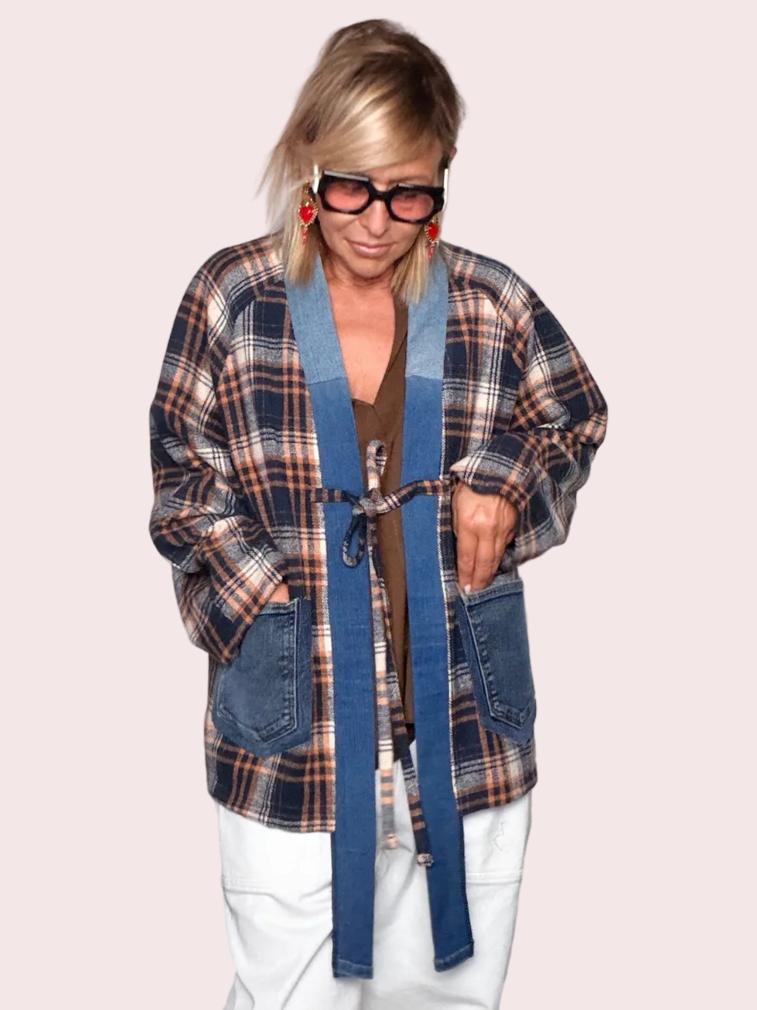 Giacca Denim Check Blu e Arancio