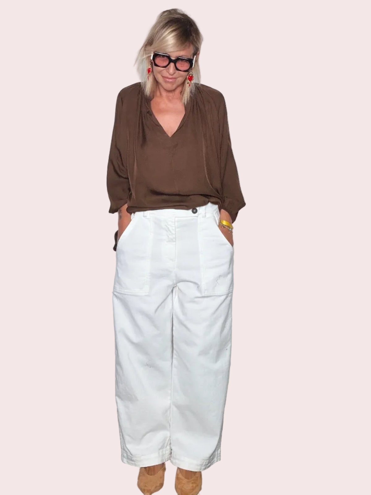 Pantalone Wide Leg Bianco Tasche Patta