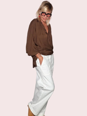 Pantalone Wide Leg Bianco Tasche Patta