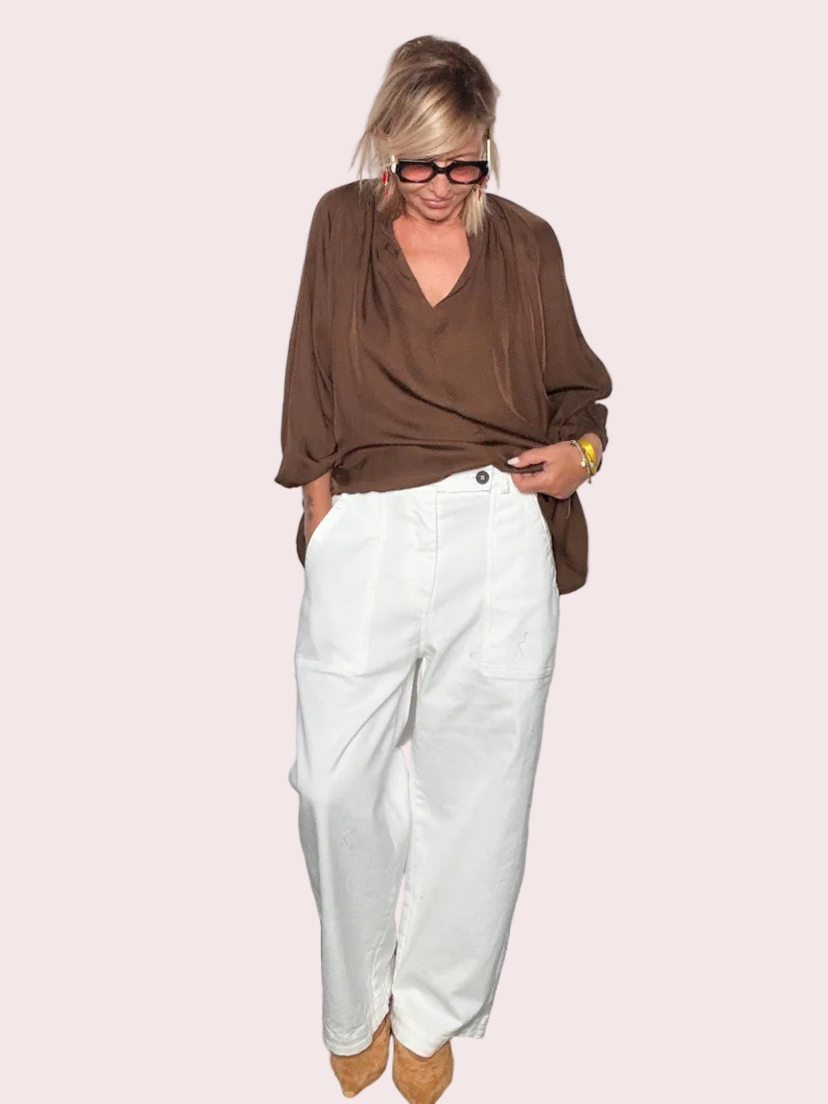 Pantalone Wide Leg Bianco Tasche Patta
