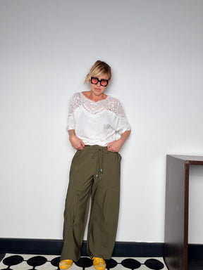 Pantalone Cargo Fluido con Laccetto Turchese