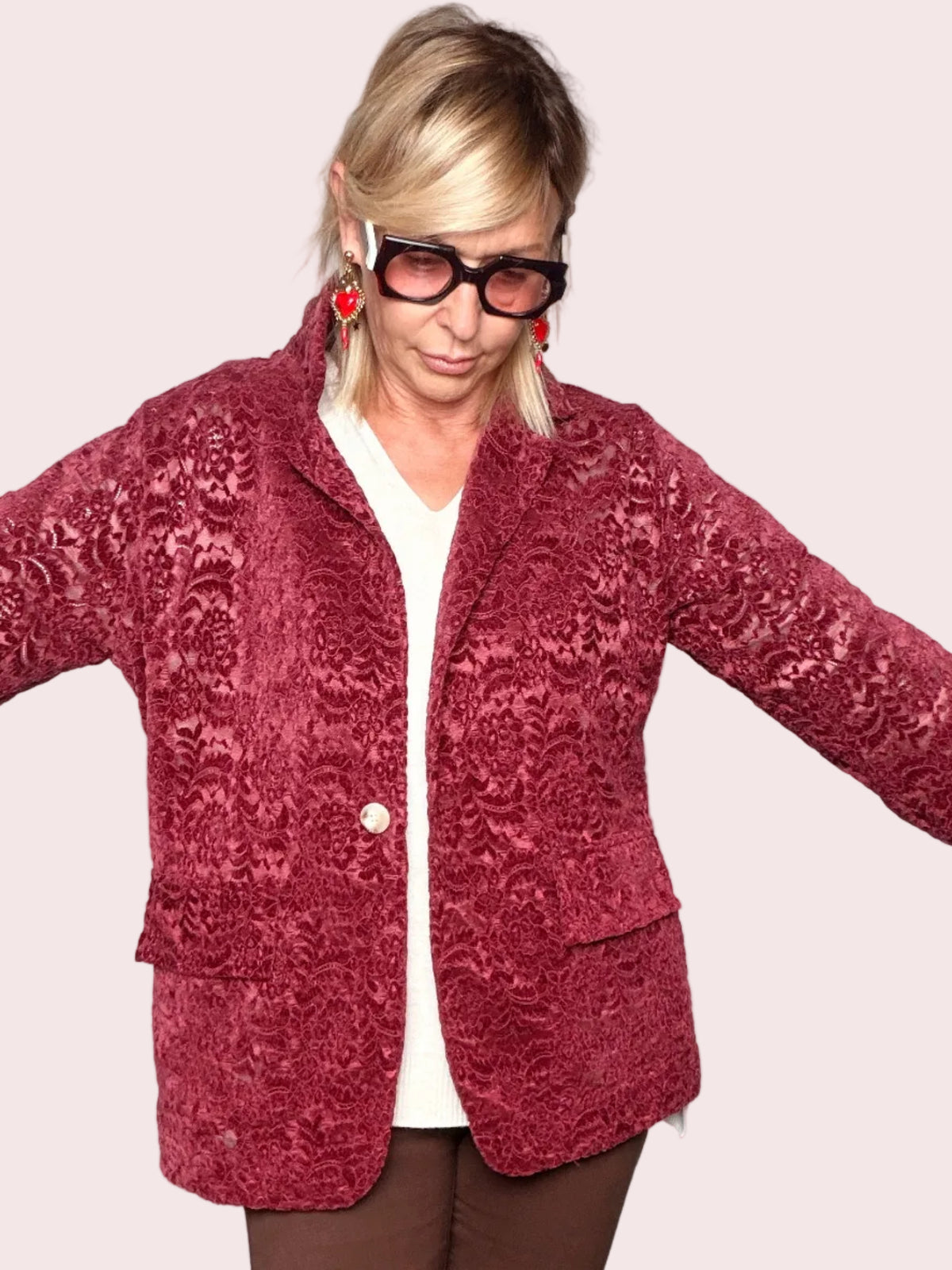 Blazer velluto burnout bordeaux damascato - vista frontale braccia aperte