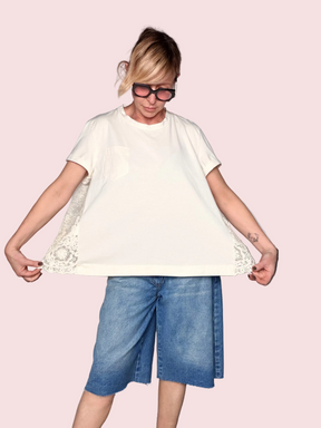 T-Shirt in Cotone con Retro in Pizzo Sangallo