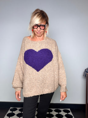 Maglia Bouclé Oversize Maxi Cuore Intarsiato (