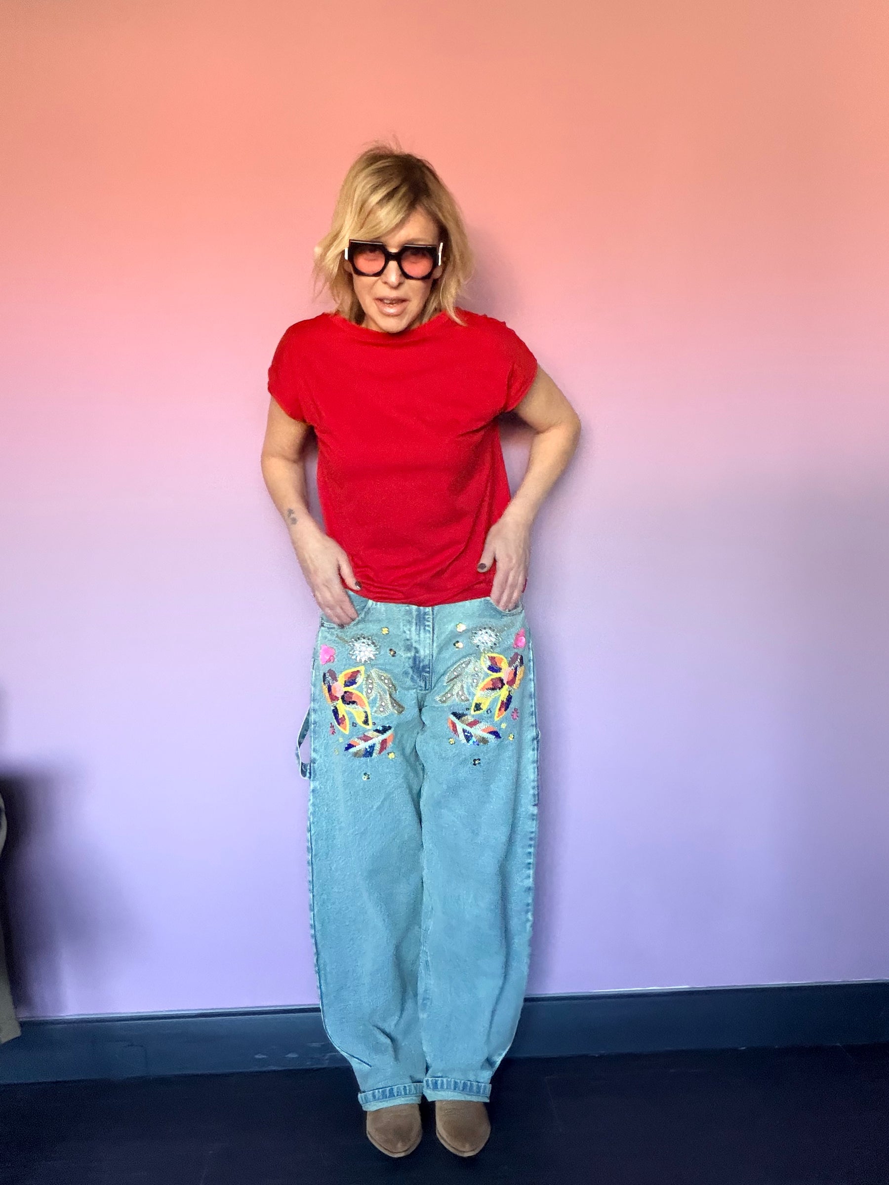 Jeans wide leg con ricami