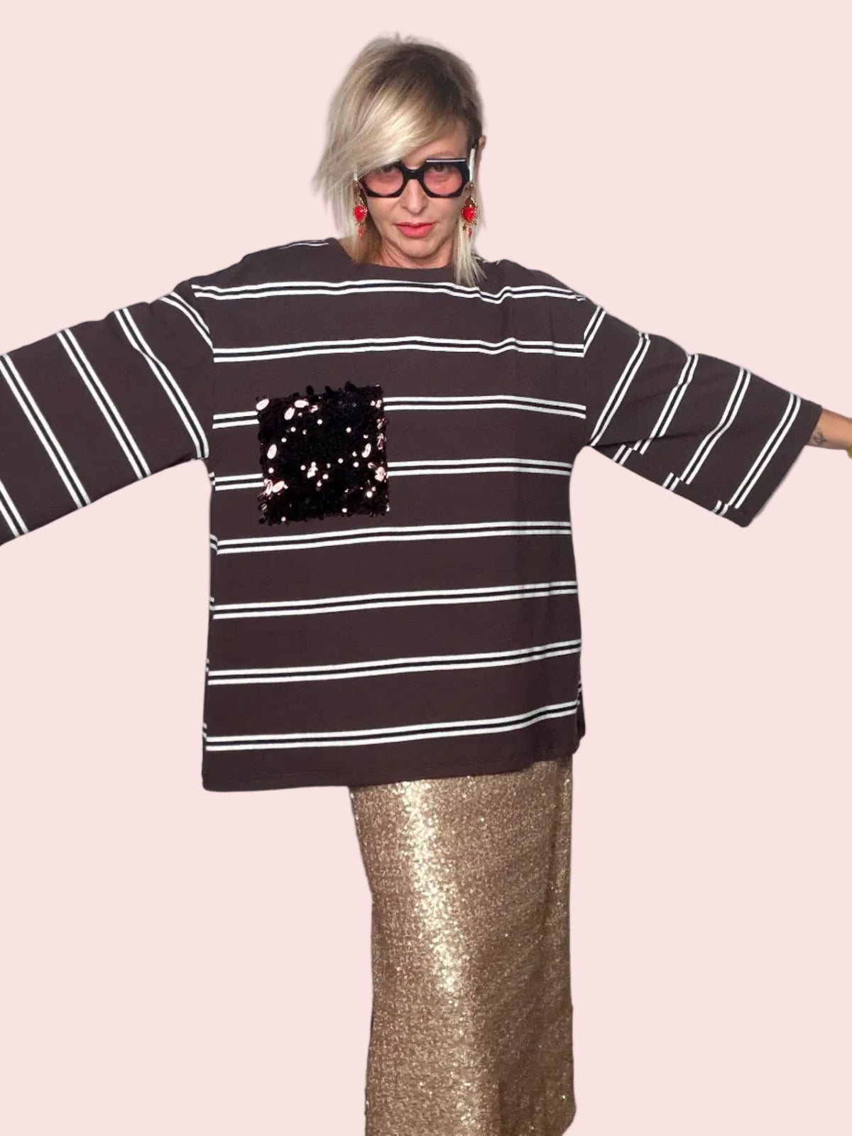 Maglia Oversize Righe Marrone Tasca Paillettes Nere