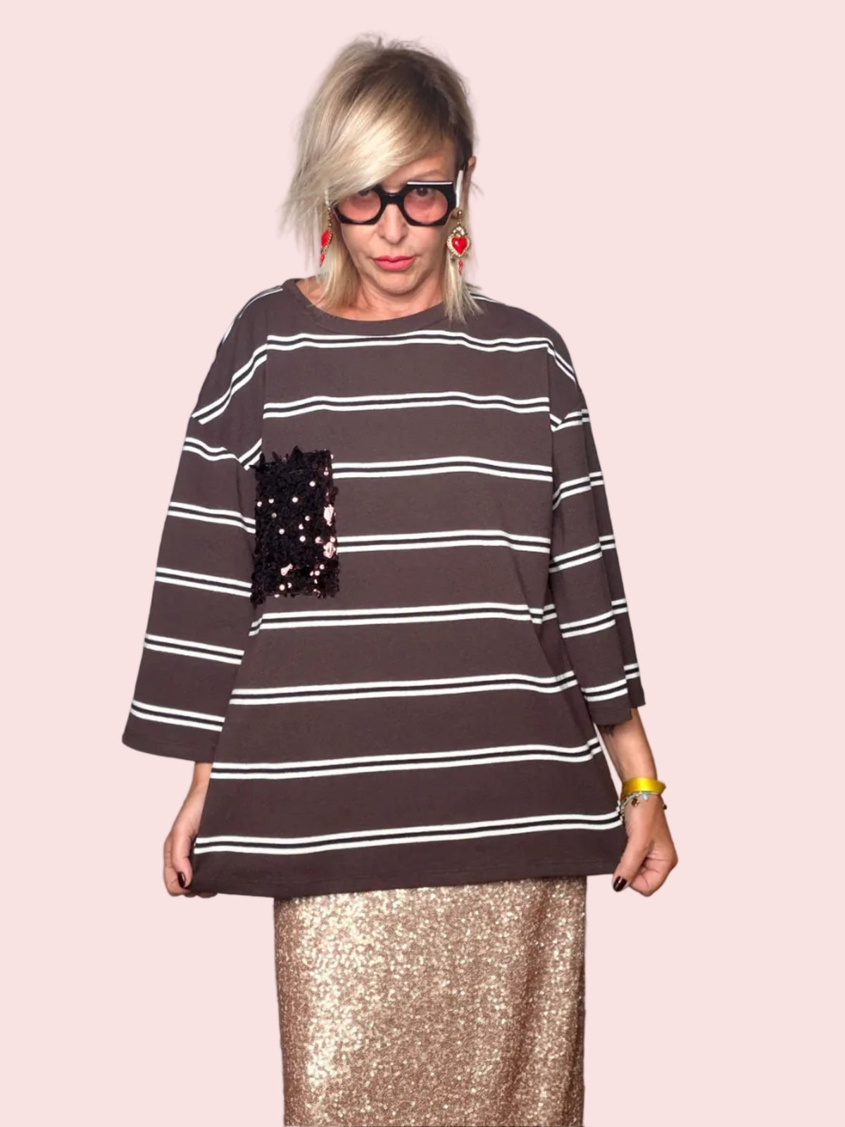 Maglia Oversize Righe Marrone Tasca Paillettes Nere