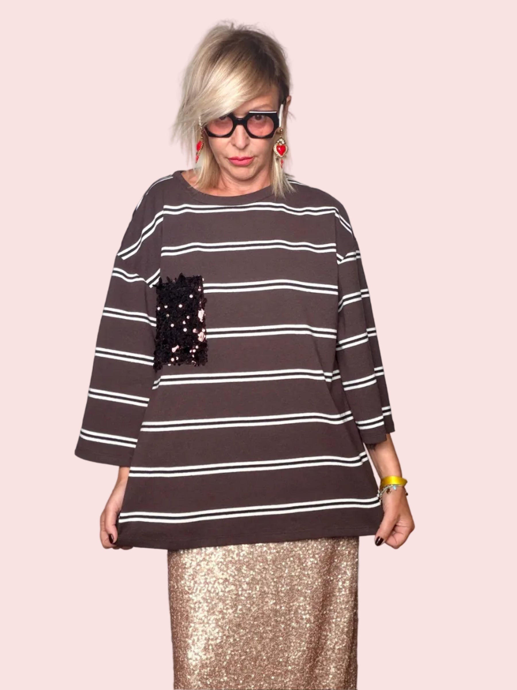 Maglia Oversize Righe Marrone Tasca Paillettes Nere