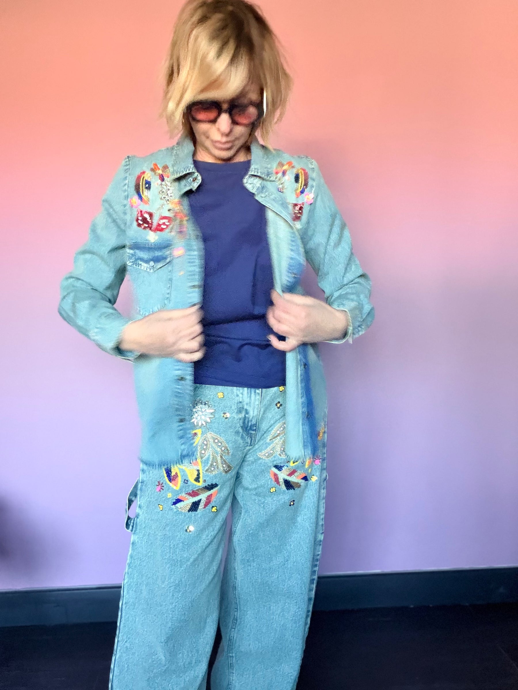 Camicia Jeans con Ricami Multicolore