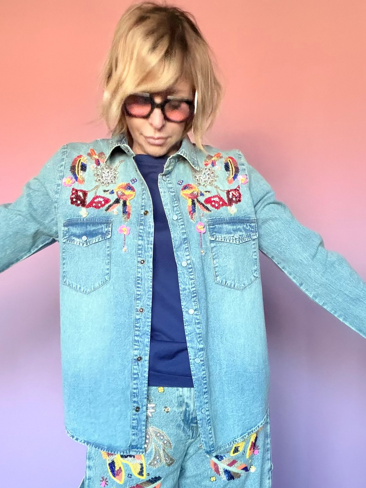 Camicia Jeans con Ricami Multicolore