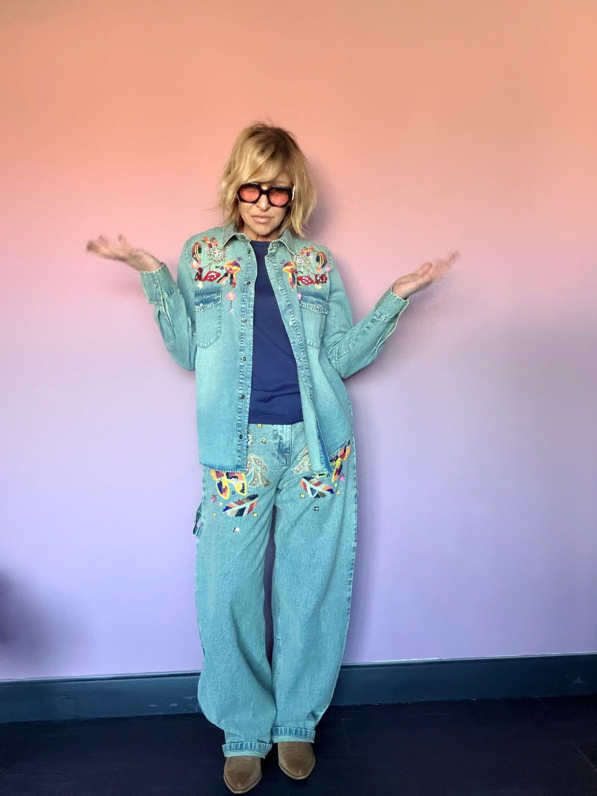 Camicia Jeans con Ricami Multicolore