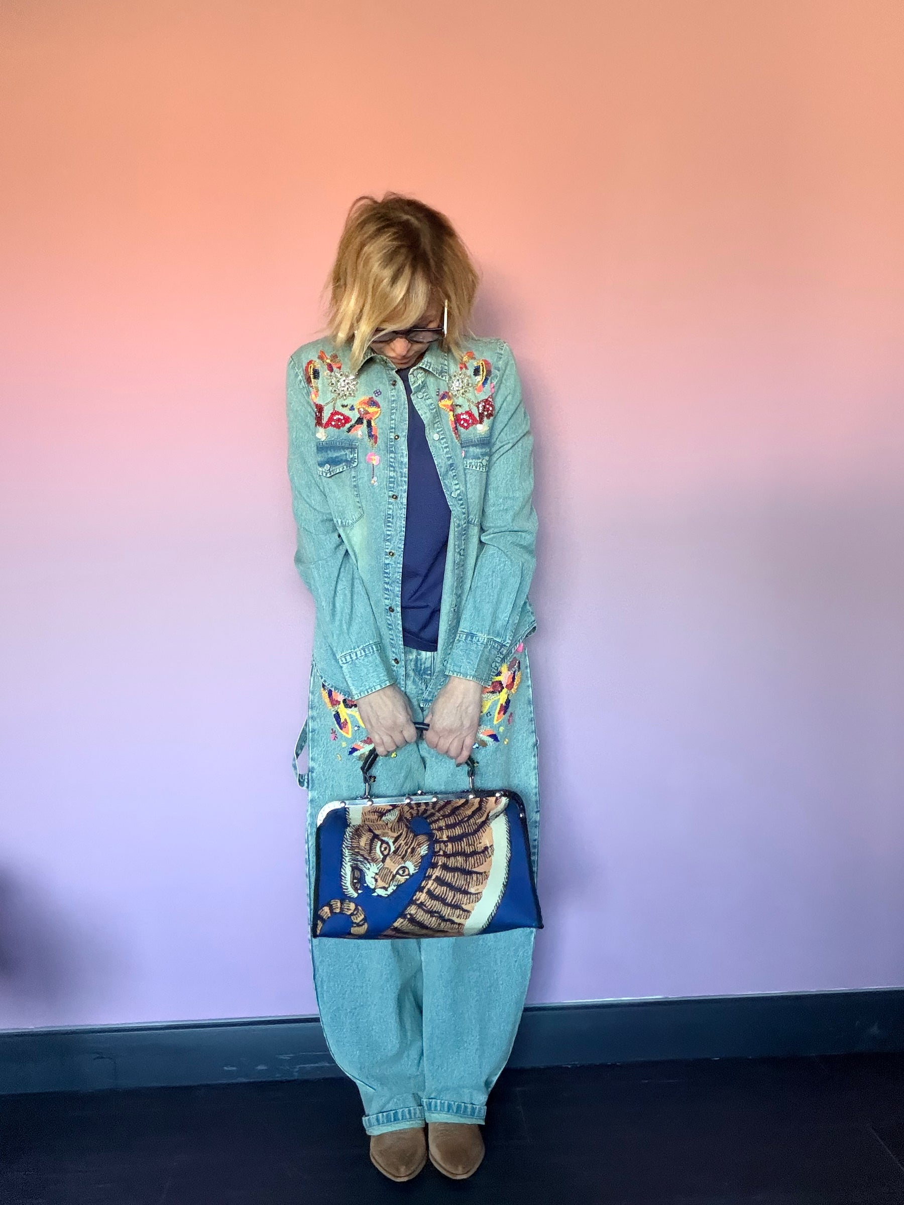 Camicia Jeans con Ricami Multicolore