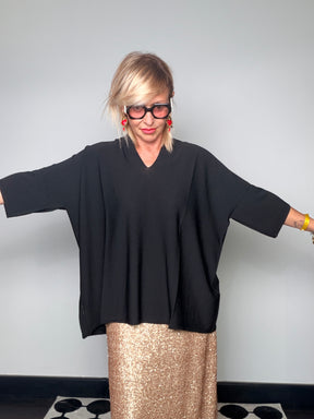 Top Oversize Filo Scollo V Maniche Pipistrello Nero