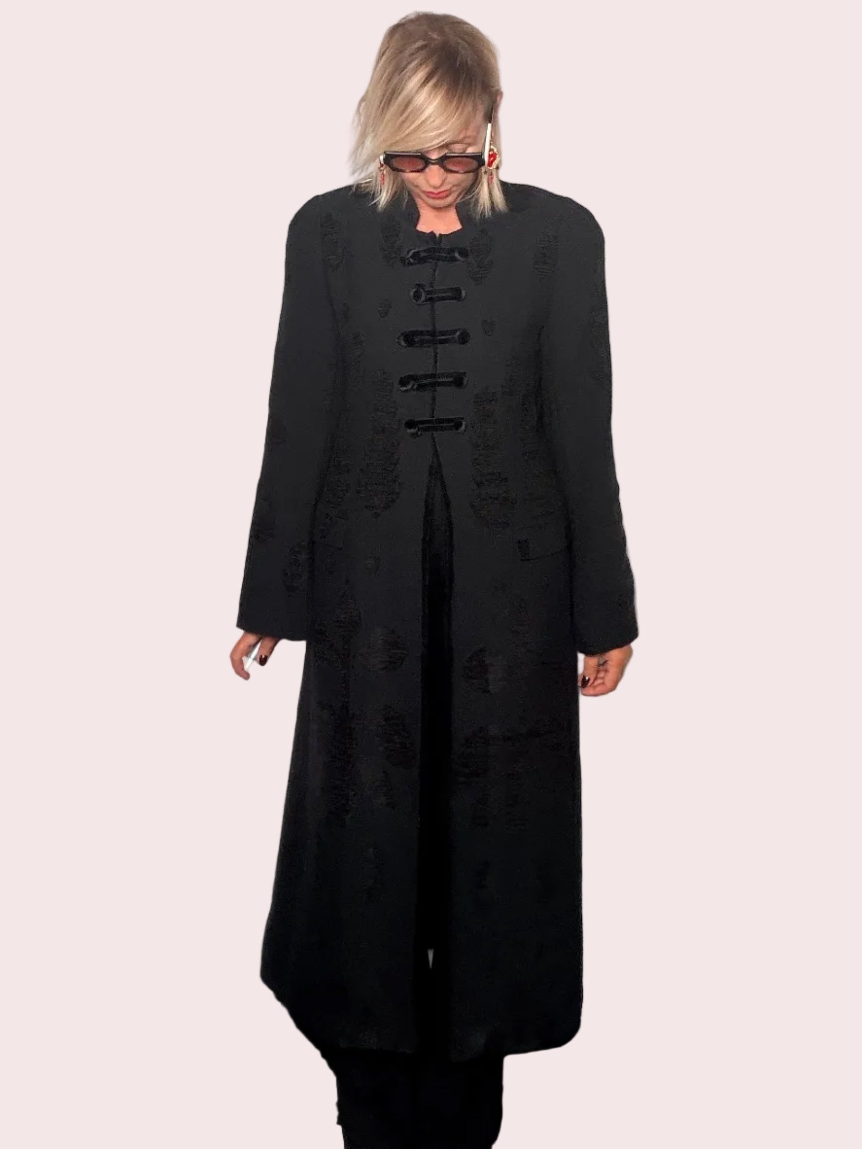 Giacca cappotto Maxi Jacquard Nero Alamari Collo Coreana