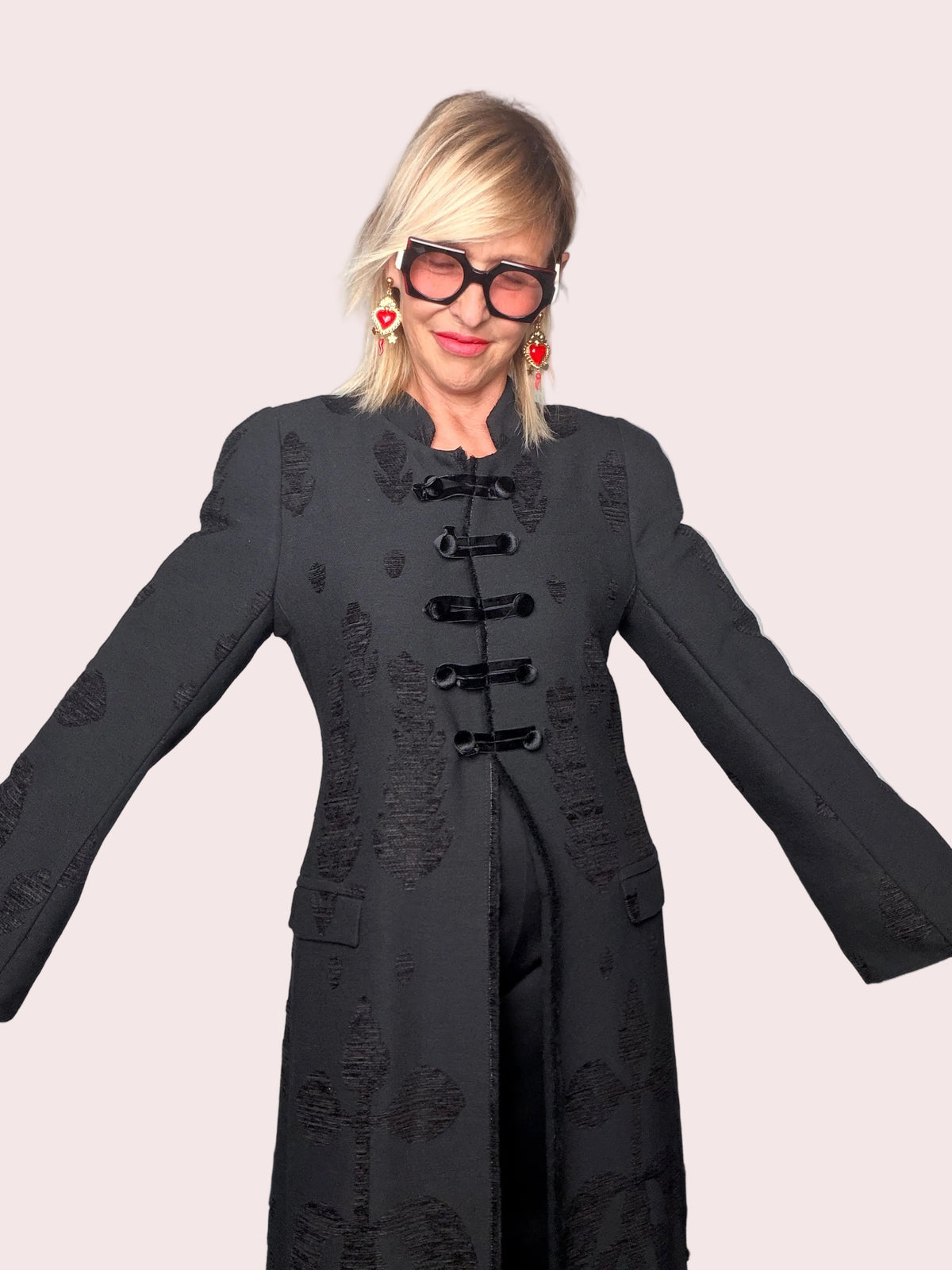 Giacca cappotto Maxi Jacquard Nero Alamari Collo Coreana