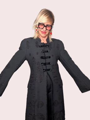 Giacca cappotto Maxi Jacquard Nero Alamari Collo Coreana