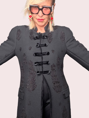 Giacca cappotto Maxi Jacquard Nero Alamari Collo Coreana
