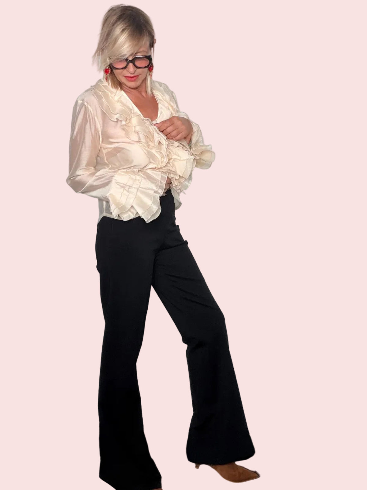 Pantalone Nero Vita Alta Elastico Gamba Dritta Svasata