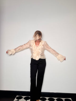 Camicia Organza Panna Jabot Volant Cascata