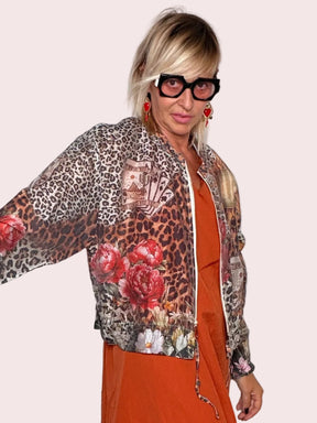 Bomber Raso Leopardato Rose Cuore Sacro
