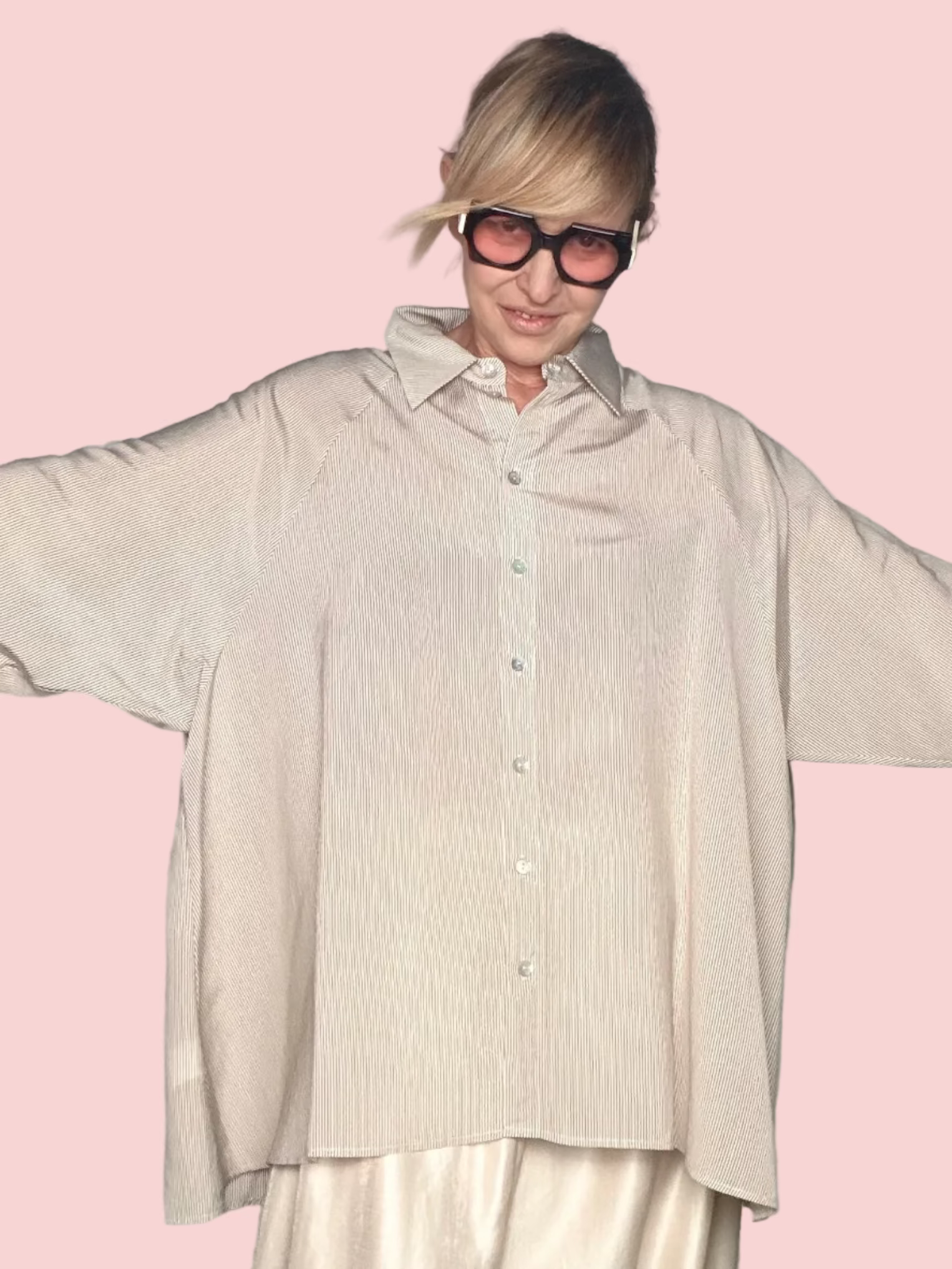 Camicia Over a Righe con Inserto in Pizzo