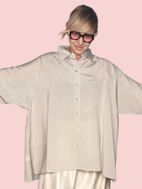 Camicia Over a Righe con Inserto in Pizzo