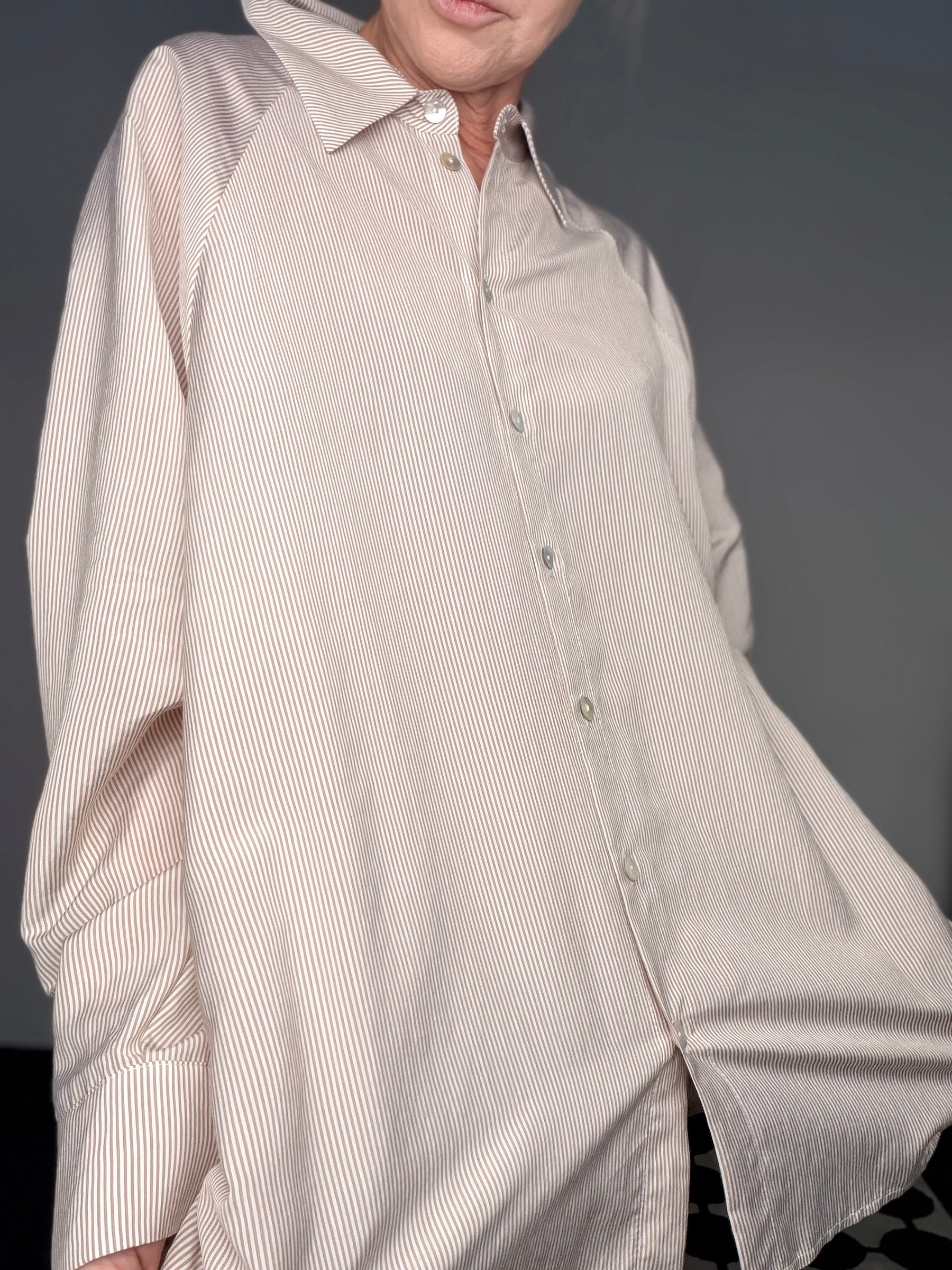 Camicia Over a Righe con Inserto in Pizzo