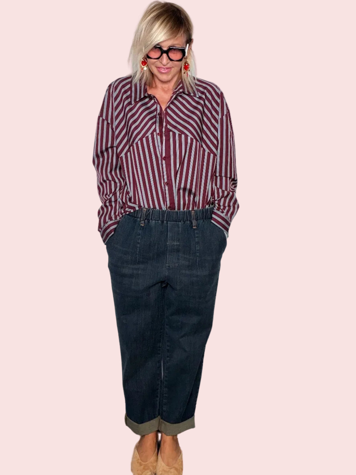 Jeans Carrot Nero Vita Elastico Risvolto