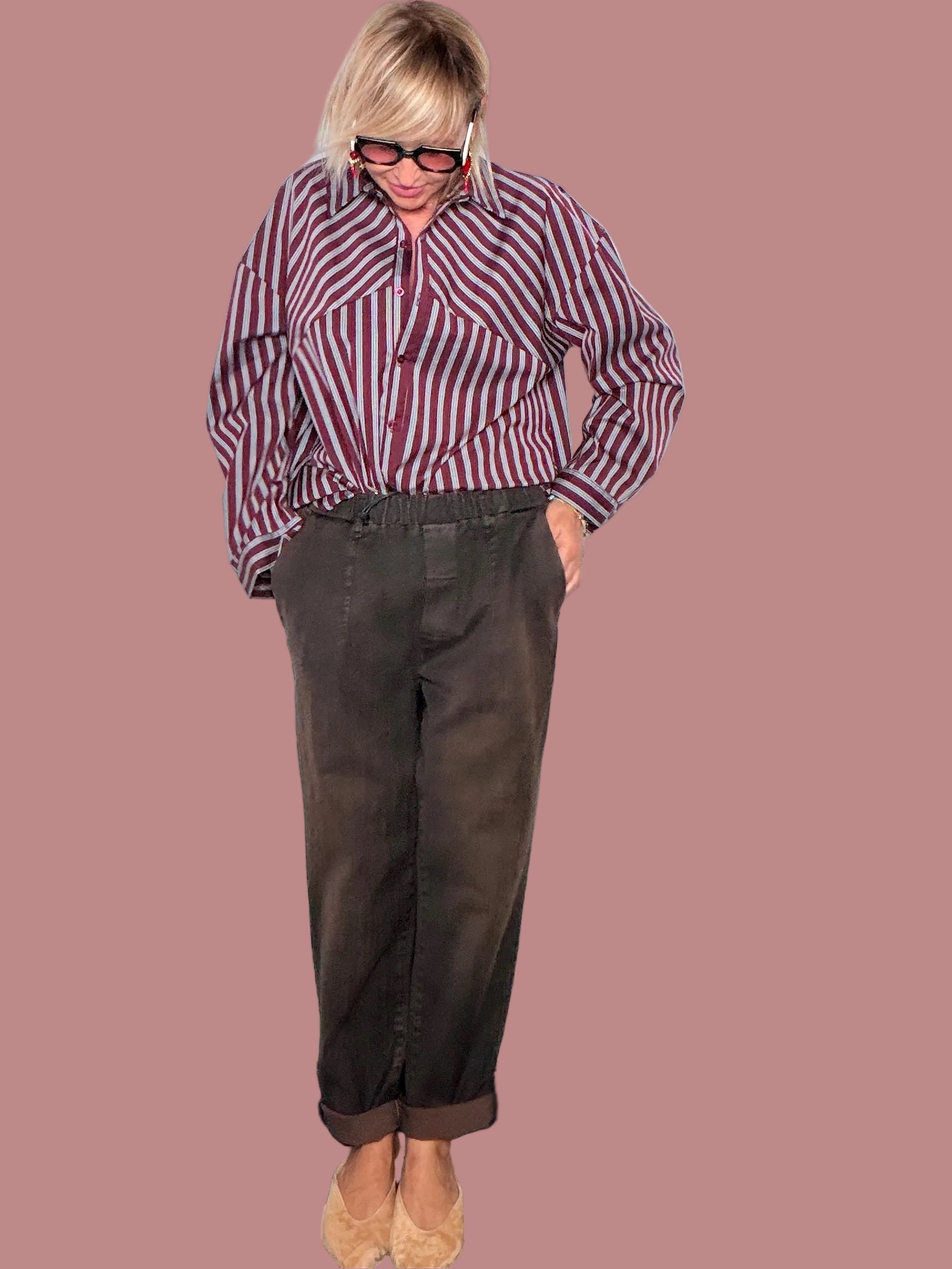 Jeans Carrot Nero Vita Elastico Risvolto