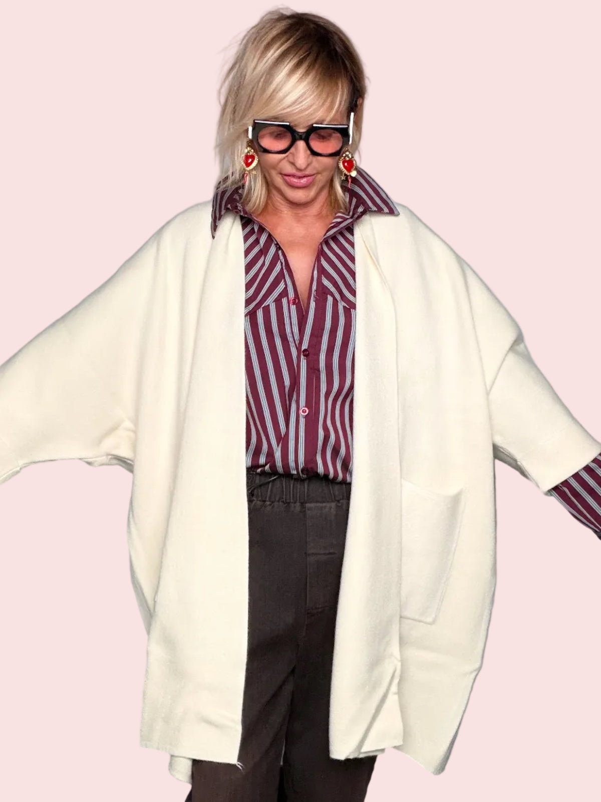 Cardigan Maxi Oversize Panna Scollo V Maniche Pipistrello