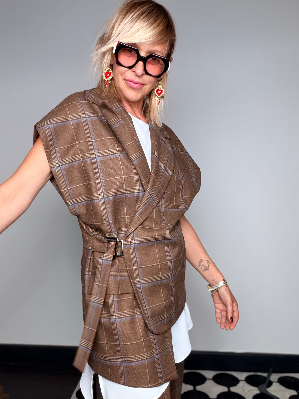 Gilet Sartoriale Check Principe di Galles Cintura Fibbia