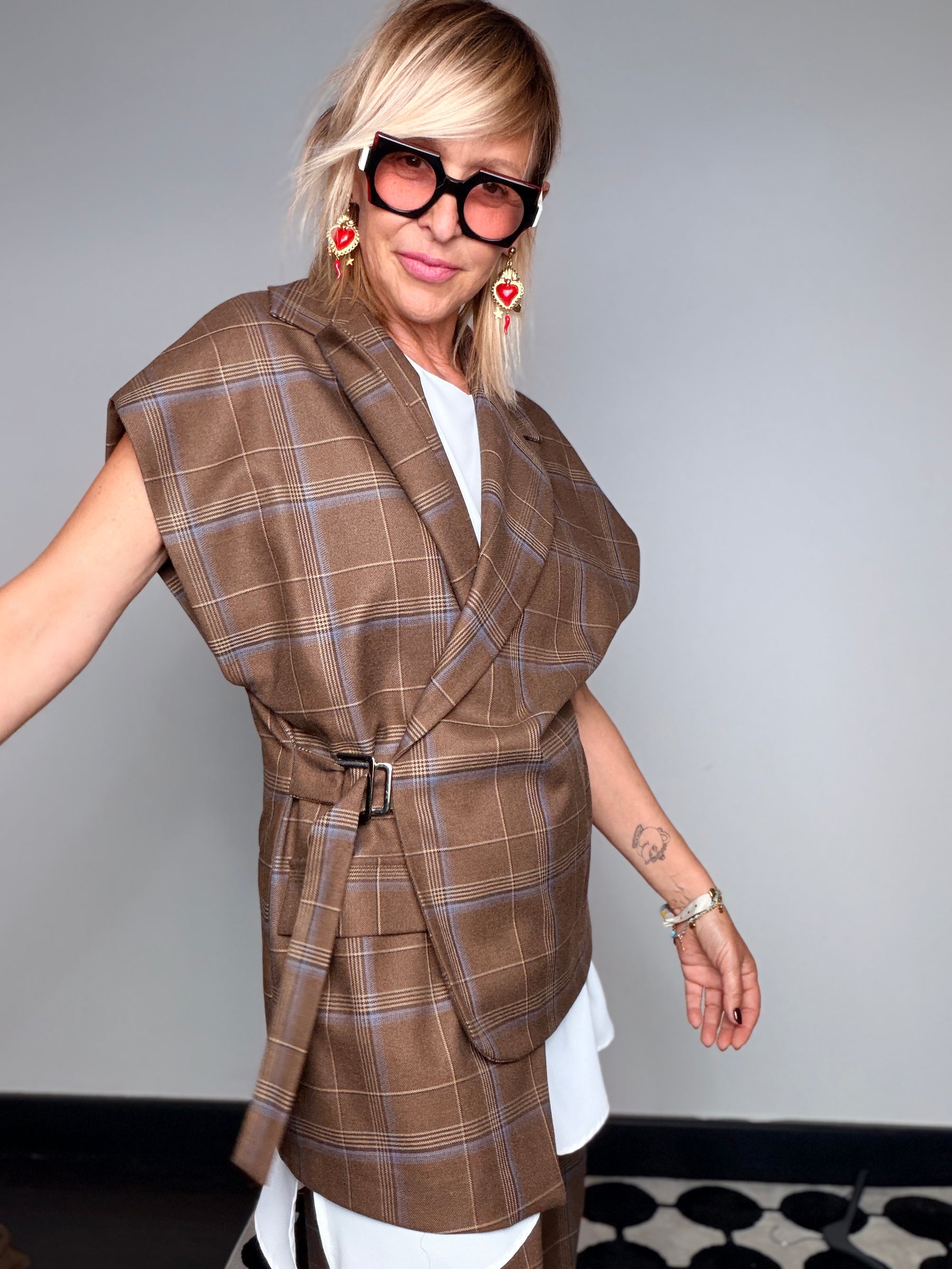 Gilet Sartoriale Check Principe di Galles Cintura Fibbia