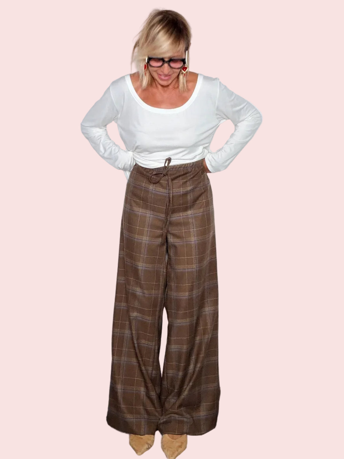 Pantalone Wide Leg Check Principe di Galles Vita Elastica