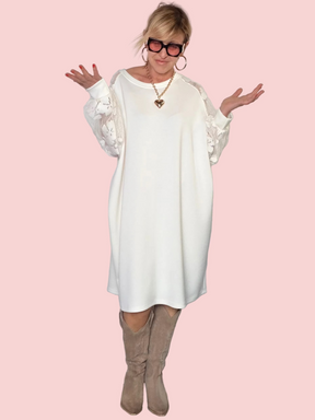 Abito Modal con Maniche in Pizzo Floreale – Bianco