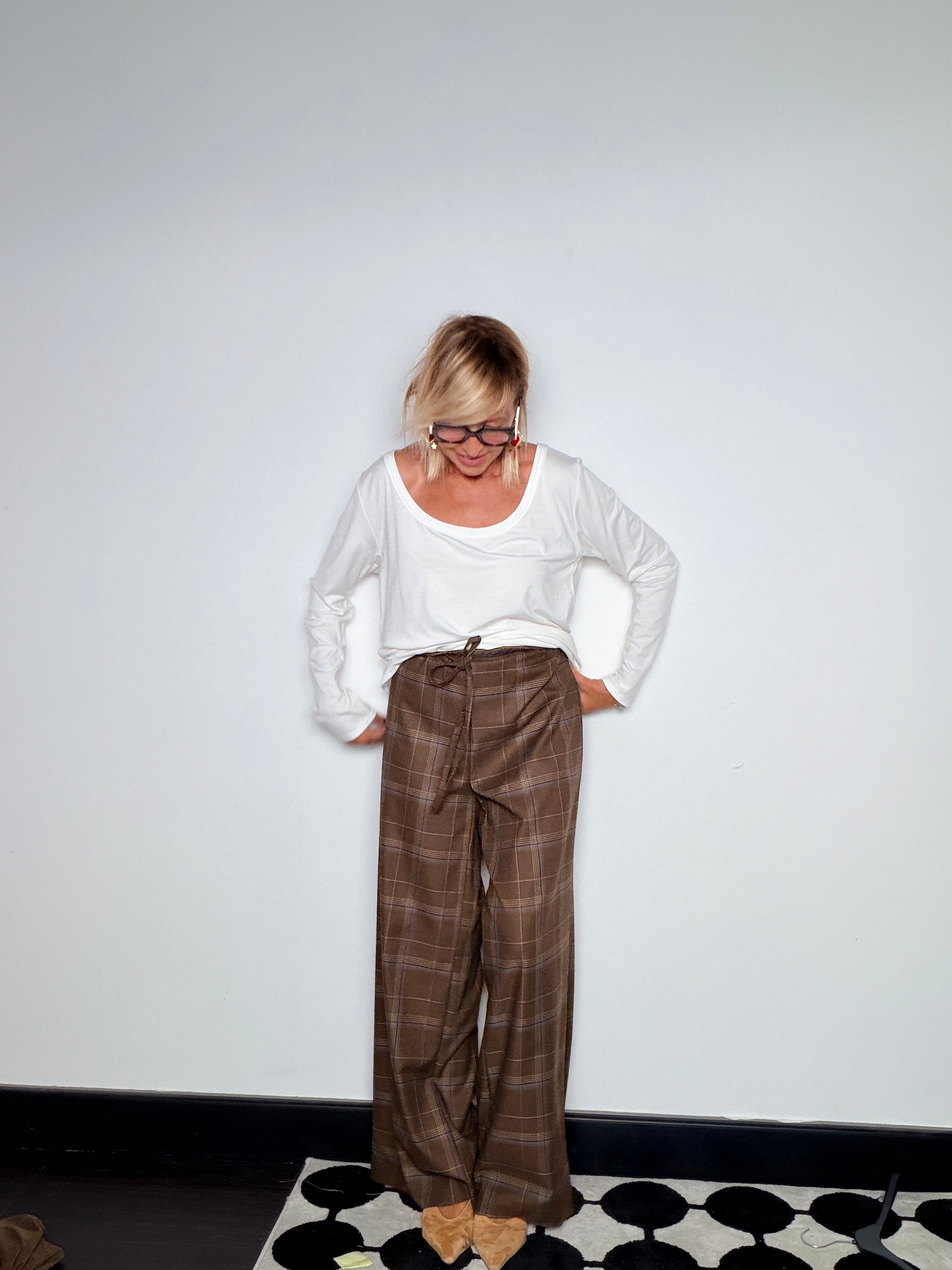 Pantalone Wide Leg Check Principe di Galles Vita Elastica