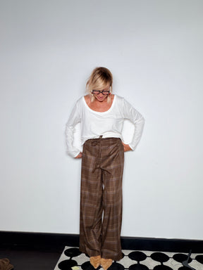Pantalone Wide Leg Check Principe di Galles Vita Elastica