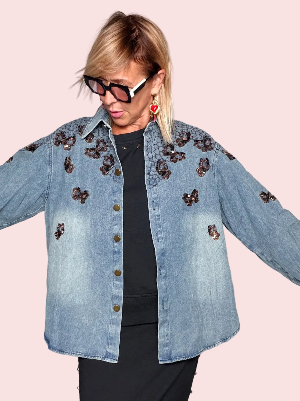 Camicia Jeans Oversize Farfalle Paillettes Ricamate
