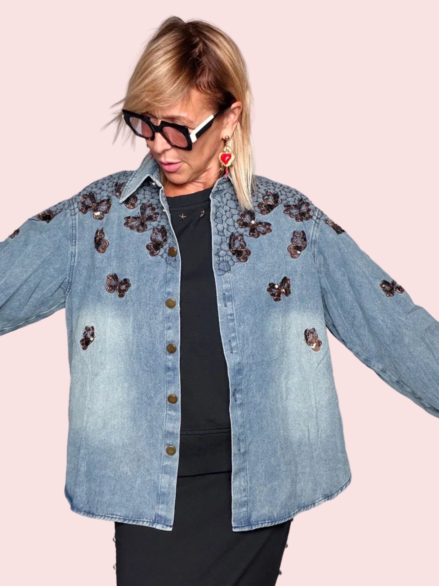 Camicia Jeans Oversize Farfalle Paillettes Ricamate