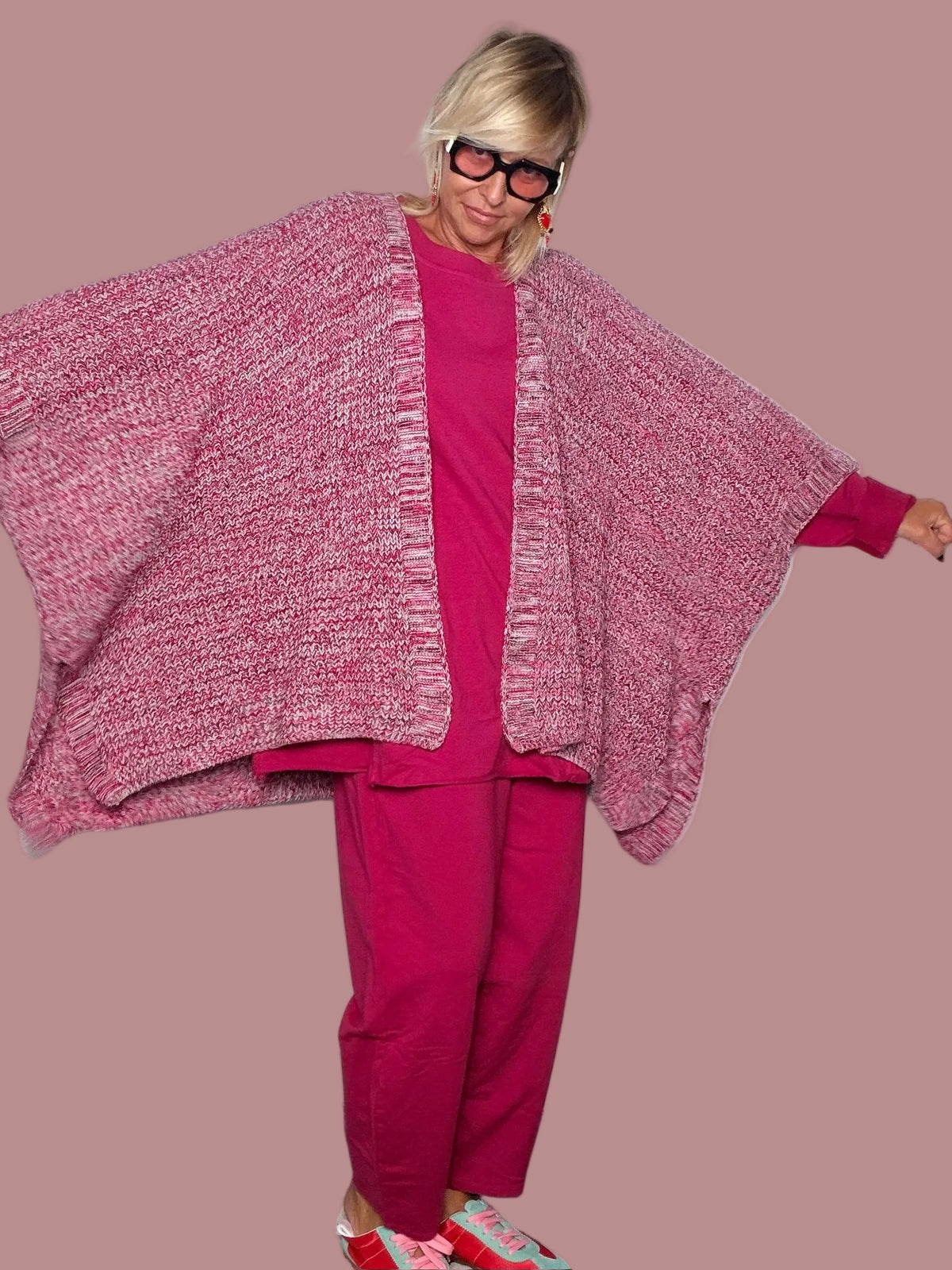 Poncho Cardigan Maxi Maglia Mouliné Pipistrello Bicolore