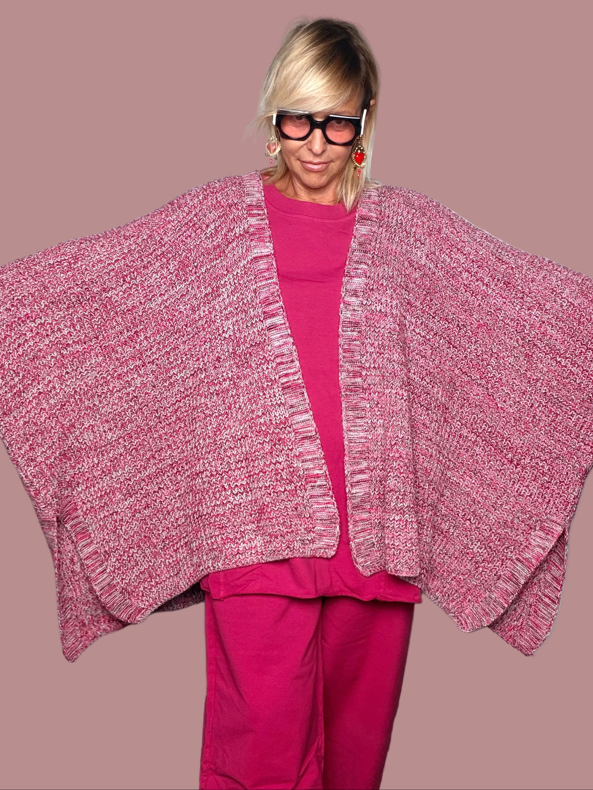 Poncho Cardigan Maxi Maglia Mouliné Pipistrello Bicolore
