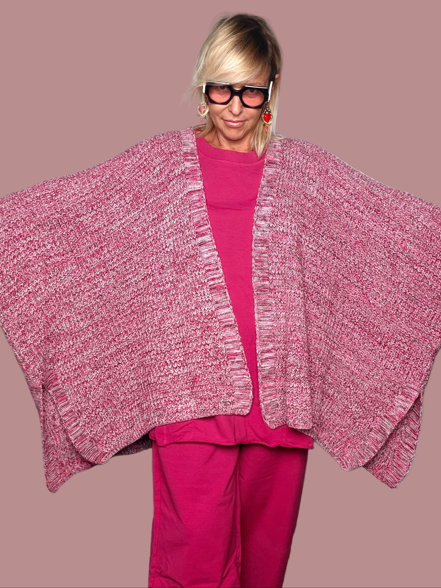 Poncho Cardigan Maxi Maglia Mouliné Pipistrello Bicolore