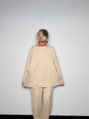 Coordinato Felpa Pantalone Beige Sabbia Cotone Felpato Wide Leg