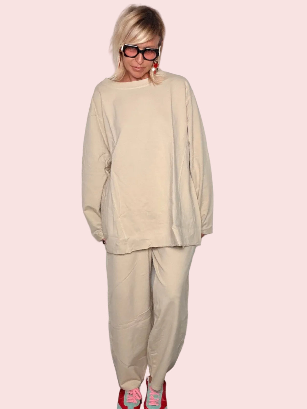 Coordinato Felpa Pantalone Beige Sabbia Cotone Felpato Wide Leg