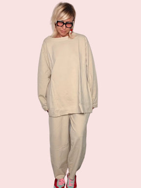 Coordinato Felpa Pantalone Beige Sabbia Cotone Felpato Wide Leg